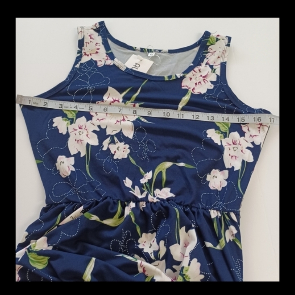 AUSELILY Blue Navy Garden Floral Maxi Soft Stretchy Modest Pocket Summer Dress - Picture 12 of 15